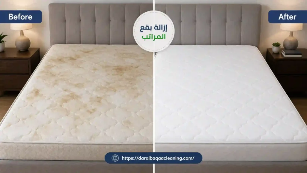 تنظيف مراتب بالبخار دبي: قبل وبعد تنظيف مرتبة بها بقع باستخدام البخار