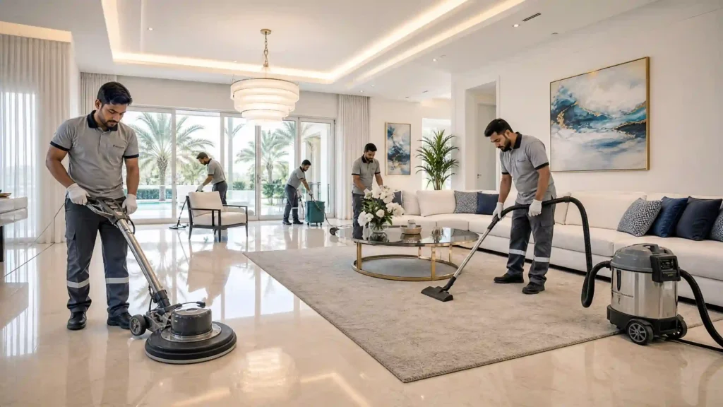 فريق من دار البقاع يقوم بتنظيف فيلا سكنية في رأس الخيمة باستخدام معدات احترافية